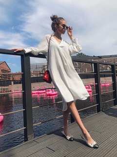 Basic Asymmetrical V-neck Plain Chiffon Casual Dresses (Style V200998)