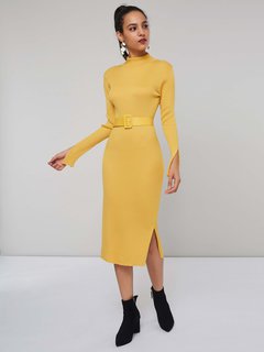 Casual Bodycon Turtleneck Plain Cut Out Casual Dresses (Style V201000)