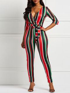 Skinny Fashion Striped Polyester Pattern Jumpsuit (Style V201003)
