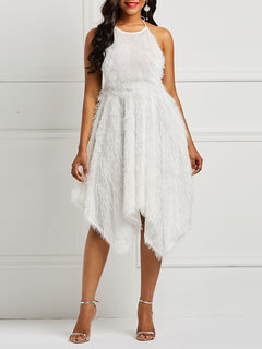 Asymmetrical Round Neck Plain Patchwork Polyester Midi Dresses (Style V201006)