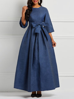Basic Expansion Round Neck Plain Strappy Maxi Dresses (Style V201007)
