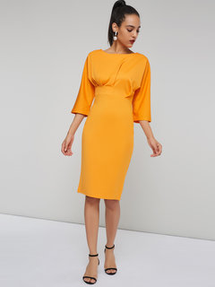 Office Pencil Round Neck Plain Ruffle Work Dresses (Style V201009)