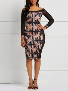 Office Bodycon Off The Shoulder Plants Patchwork Knee Length Dresses (Style V201015)