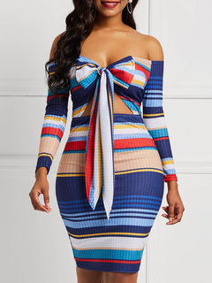 Sexy Bodycon Off The Shoulder Striped Strappy Knee Length Dresses (Style V201019)