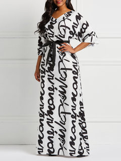 Straight V-neck Letter Print Polyester Maxi Dresses (Style V201023)
