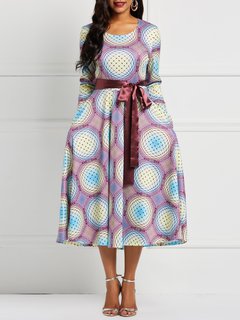 Western Expansion Round Neck Geometric Print Midi Dresses (Style V201026)