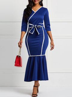 Western Mermaid V-neck Color Block Patchwork Maxi Dresses (Style V201028)