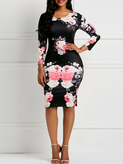Western Bodycon Round Neck Floral Print Knee Length Dresses (Style V201029)