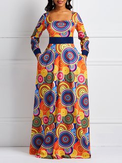 Tribal A-line Square Neck Geometric Print Maxi Dresses (Style V201048)