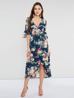 Asymmetrical V-neck Floral Asymmetrical Maxi Dresses (Style V201052)