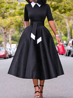 Western A-line Stand Collar Hollow Out Polyester Midi Dresses (Style V201064)