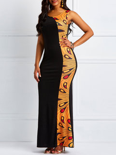 A-line Round Neck Geometric Patchwork Maxi Dresses (Style V201067)
