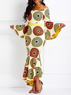 Mermaid Off The Shoulder Color Block Print Maxi Dresses (Style V201073)