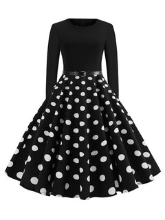 Vintage Trumpet Polka Dot Patchwork Cotton Knee Length Dresses (Style V201083)