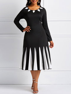 Casual A-line Round Neck Color Block Patchwork Casual Dresses (Style V201094)