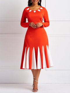Casual A-line Round Neck Color Block Patchwork Casual Dresses (Style V201095)