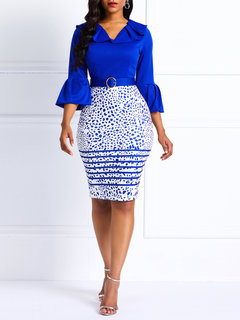 Casual Bodycon V-neck Color Block Patchwork Knee Length Dresses (Style V201105)