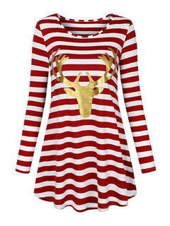 Casual Trumpet Round Neck Striped Print Casual Dresses (Style V201115)