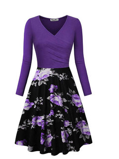 Office A-line V-neck Patchwork Knee Length Dresses (Style V201125)