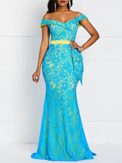 Elegant Mermaid Off The Shoulder Patchwork Lace Maxi Dresses (Style V201129)
