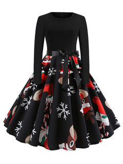 Vintage Expansion Round Neck Patchwork Polyester Knee Length Dresses (Style V201131)