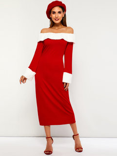 Sexy Bodycon Off The Shoulder Patchwork Cotton Blends Bodycon Dresses (Style V201136)