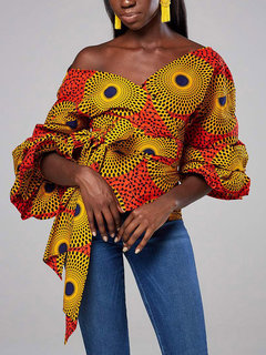 Off The Shoulder Standard Loose Casual Pattern Blouse (Style V201138)