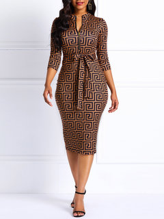 Casual Bodycon Geometric Print Satin Knee Length Dresses (Style V201143)