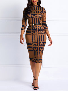 Casual Pencil Stand Collar Geometric Satin Casual Dresses (Style V201144)