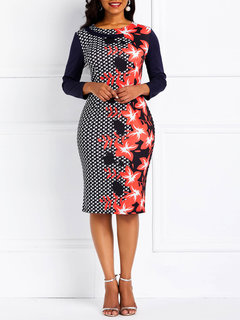 Casual Bodycon Round Neck Color Block Print Knee Length Dresses (Style V201148)