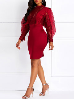 Elegant Bodycon Stand Collar Patchwork Lace Bodycon Dresses (Style V201158)