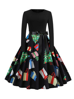 Vintage Trumpet Round Neck Patchwork Satin Knee Length Dresses (Style V201159)