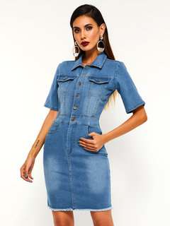 Bodycon Lapel Plain Button Denim Bodycon Dresses (Style V201162)