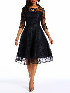 Elegant Expansion Plain Patchwork Polyester Knee Length Dresses (Style V201175)