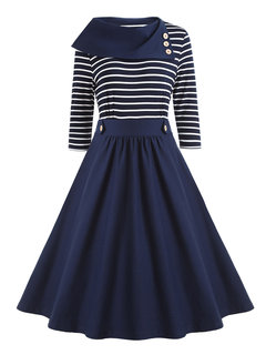 Travel Look A-line Striped Patchwork Polyester Knee Length Dresses (Style V201180)
