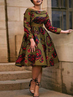 Expansion Off The Shoulder Geometric Print Satin Casual Dresses (Style V201186)