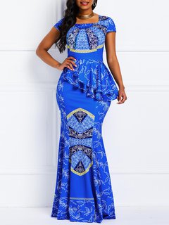 Casual Square Neck Geometric Print Satin Casual Dresses (Style V201187)