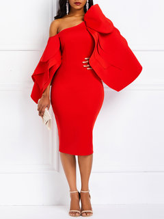 Elegant Bodycon Asymmetric Plain Patchwork Knee Length Dresses (Style V201198)