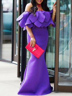 Elegant A-line Off The Shoulder Plain Patchwork Maxi Dresses (Style V201199)