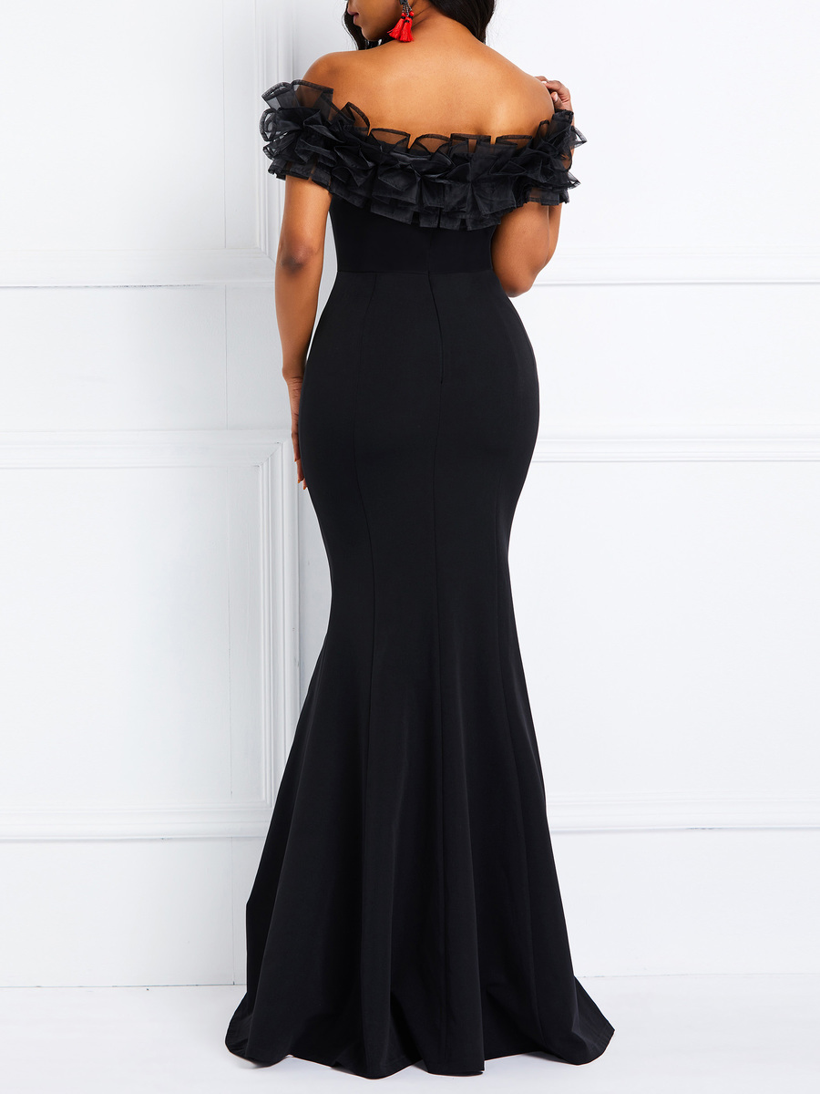 Black Elegant Mermaid Off The Shoulder Plain Patchwork Maxi Dresses ...