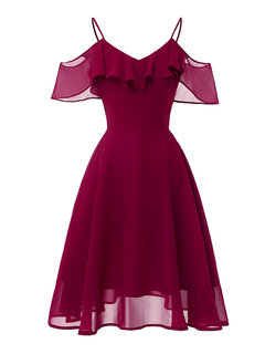 Elegant Trumpet Spaghetti Strap Cascading Ruffle Polyester Mini Dresses (Style V201204)