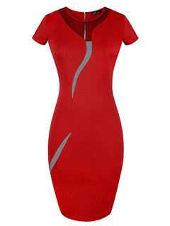 Office Pencil Round Neck Patchwork Polyester Knee Length Dresses (Style V201206)