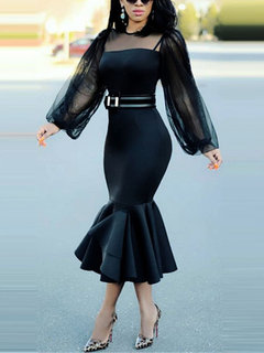 Elegant Mermaid Round Neck Plain Patchwork Midi Dresses (Style V201214)