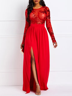 Sexy Expansion Round Neck Cut Out Polyester Maxi Dresses (Style V201216)