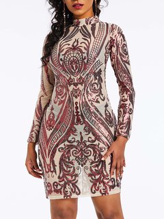 Sexy Bodycon Stand Collar Plain Sequin Bodycon Dresses (Style V201218)