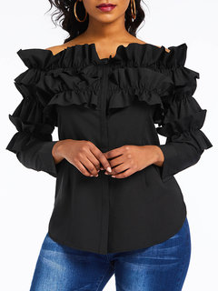 Loose Casual Plain Polyester Asymmetrical Blouse (Style V201219)