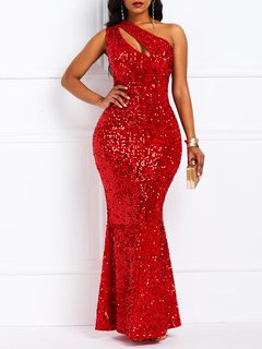 Sexy Asymmetric Plain Sequin Polyester Maxi Dresses (Style V201221)