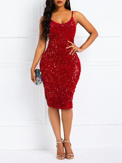 Bodycon Spaghetti Strap Plain Sequin Polyester Bodycon Dresses (Style V201222)