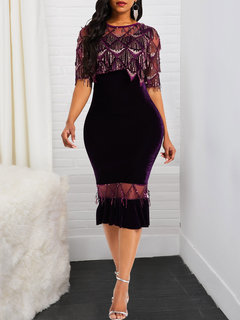 Elegant Mermaid Round Neck Plain Polyester Midi Dresses (Style V201233)