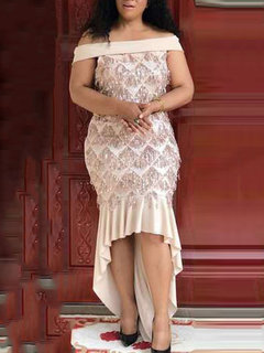 Elegant Off The Shoulder Plain Asymmetrical Polyester Maxi Dresses (Style V201235)